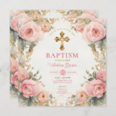 Invitation Aquarelle rose Pêche fille Baptême Croix Florale (Devant / Derrière)