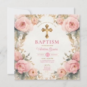 Invitation Aquarelle rose Pêche fille Baptême Croix Florale