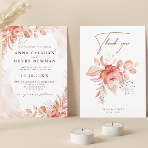 Invitation Aquarelle rose Pêche Rose Floral Bouquet Mariage