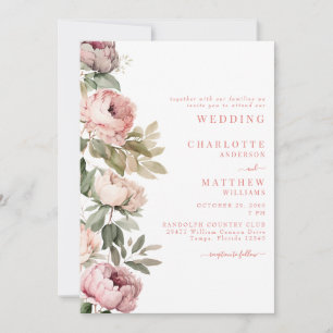 Invitation Aquarelle rose Peonies Mariage élégant Texte rose