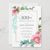 Invitation Aquarelle rose Peony Floral 100e anniversaire (Devant)