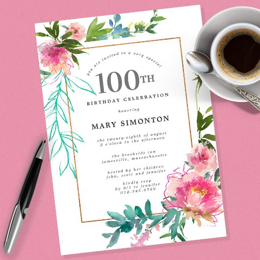 Invitation Aquarelle rose Peony Floral 100e anniversaire