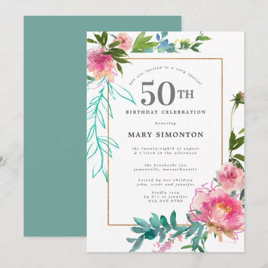 Invitation Aquarelle rose Peony Floral 50e anniversaire (Devant / Derrière)