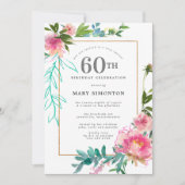 Invitation Aquarelle rose Peony Floral 60e anniversaire (Devant)