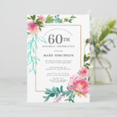 Invitation Aquarelle rose Peony Floral 60e anniversaire (Debout devant)