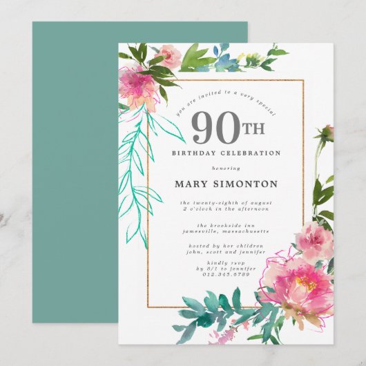 Invitation Aquarelle rose Peony Floral 90e anniversaire (Devant / Derrière)