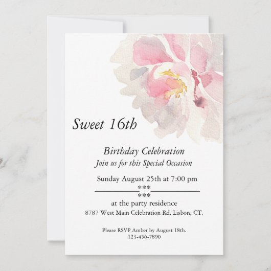 Invitation Aquarelle rose, personnalisable, Douce 16e (Devant)