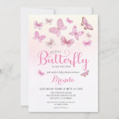 Invitation Aquarelle rose Petit Papillon Baby shower fille (Devant)