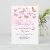 Invitation Aquarelle rose Petit Papillon Baby shower fille (Debout devant)