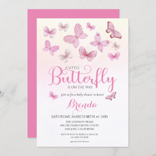 Invitation Aquarelle rose Petit Papillon Baby shower fille