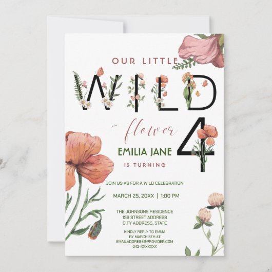 Invitation Aquarelle rose petits pavots 4e anniversaire (Devant)