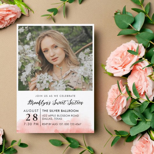 Invitation Aquarelle rose Photo Sweet 16