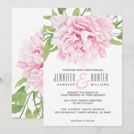 Invitation Aquarelle rose pivoine florale | MARIAGE (Devant / Derrière)