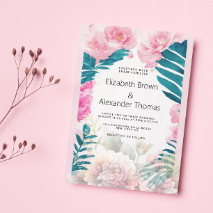 Invitation Aquarelle rose pivoine palmier mariage tropical