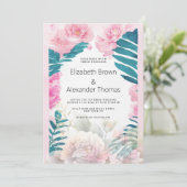 Invitation Aquarelle rose pivoine palmier mariage tropical (Debout devant)