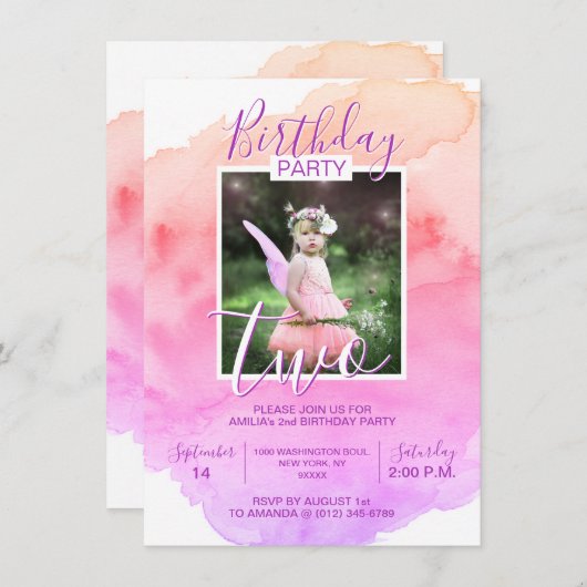 Invitation Aquarelle rose pourpre fille ANNIVERSAIRE 2e DEUX (Devant / Derrière)