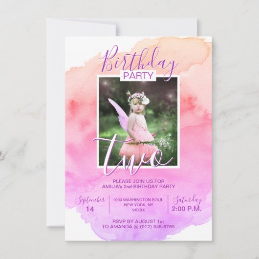 Invitation Aquarelle rose pourpre fille ANNIVERSAIRE 2e DEUX (Devant)