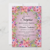 Invitation Aquarelle rose pourpre Floral Surprise Anniversair (Devant)