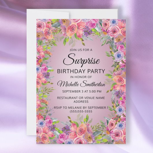 Invitation Aquarelle rose pourpre Floral Surprise Anniversair