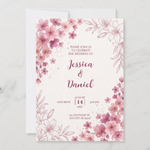 Invitation Aquarelle rose poussiéreuse et floral esquissé