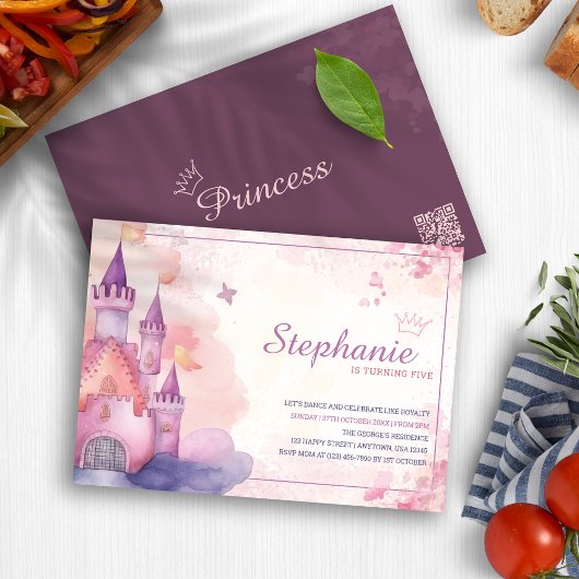 Invitation Aquarelle rose Princess Castle Anniversaire