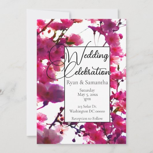 Invitation Aquarelle rose printemps fleuri arbre fleuri (Devant)