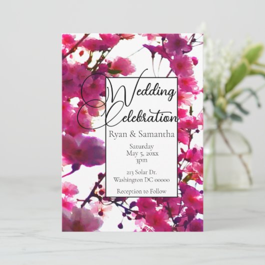 Invitation Aquarelle rose printemps fleuri arbre fleuri (Debout devant)