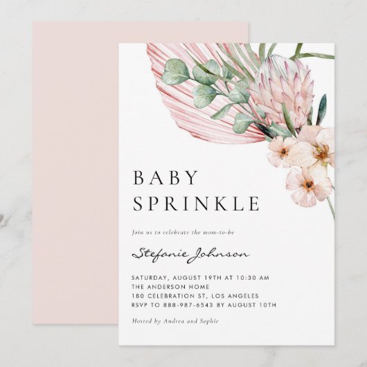 Invitation Aquarelle rose Protea Tropical Baby Sprinky (Devant / Derrière)