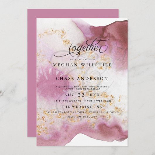 Invitation Aquarelle Rose Quartz Gold Geode BarefootBride™ (Devant / Derrière)