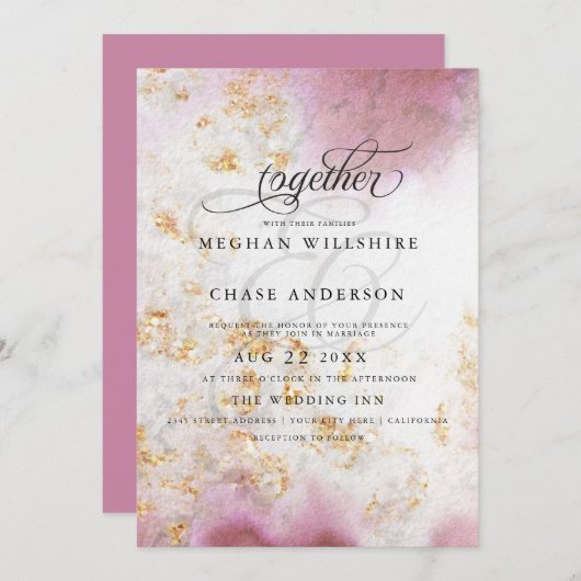 Invitation Aquarelle Rose Quartz Gold Geode BarefootBride™ (Devant / Derrière)