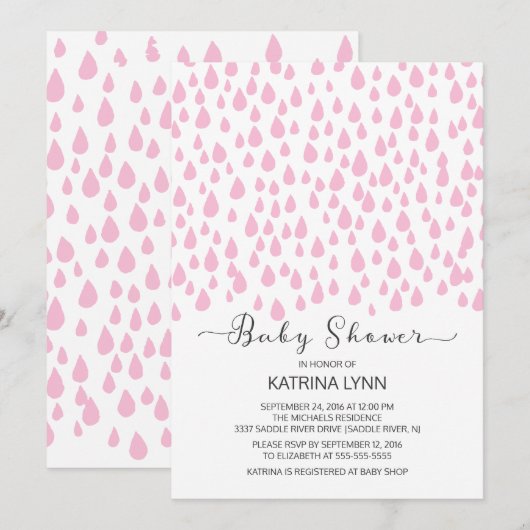 Invitation Aquarelle rose Raindrops Baby shower filles (Devant / Derrière)