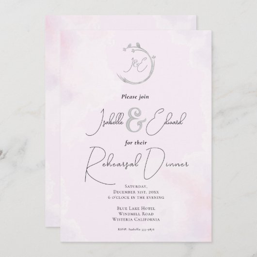 Invitation Aquarelle rose romantique Gris Inséparables Monogr (Devant / Derrière)