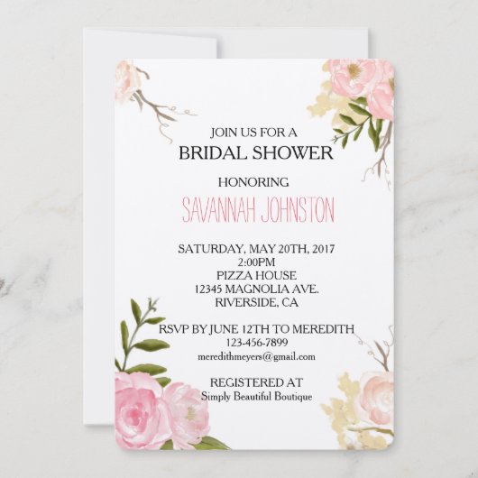 Invitation Aquarelle rose romantique Jardin douche nuptiale (Devant)