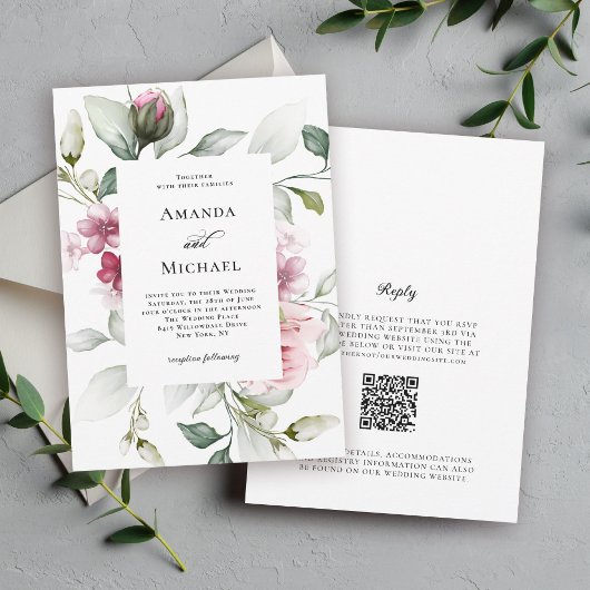 Invitation Aquarelle rose romantique Mariage floral