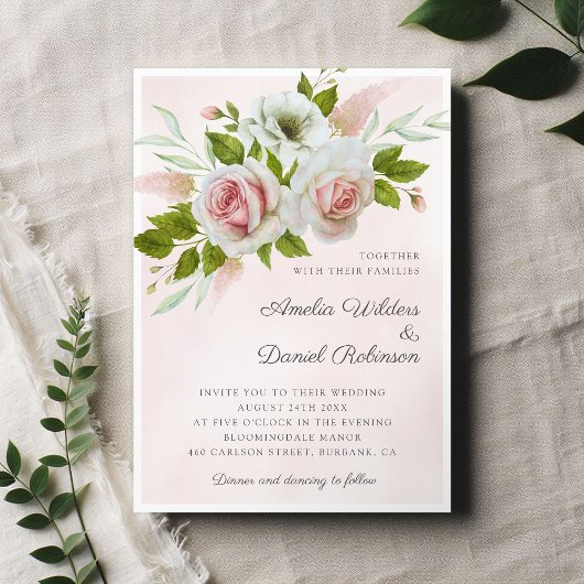 Invitation Aquarelle rose romantique Rose Mariage floral