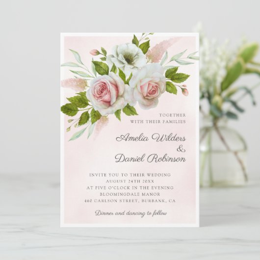 Invitation Aquarelle rose romantique Rose Mariage floral (Debout devant)