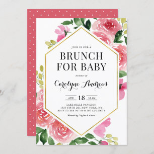 Invitation Aquarelle rose Rose Brunch à cadre floral pour béb