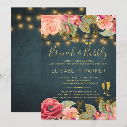 Invitation Aquarelle rose rose brunch marine et bulle (Devant / Derrière)