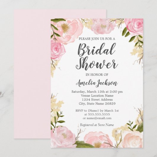 Invitation Aquarelle rose Rose couleur rose Fête des mariées  (Devant / Derrière)