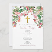 Invitation Aquarelle rose Rose Fleur Jardin Fille Baptême (Devant)