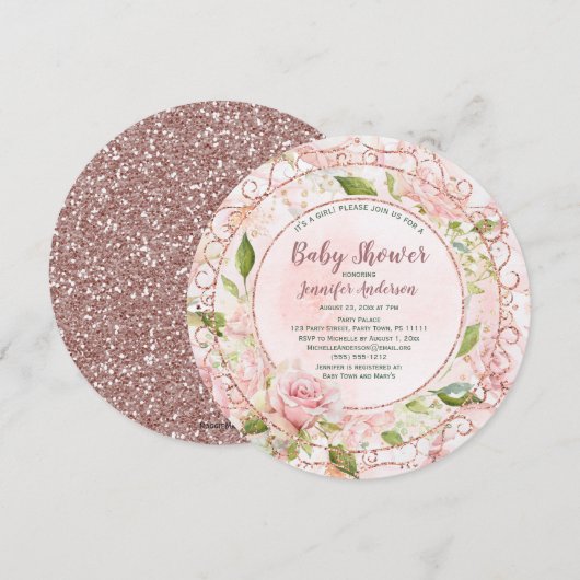Invitation Aquarelle rose Rose Floral Baby shower or (Devant / Derrière)