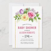 Invitation Aquarelle rose rose floral fille baby shower (Devant)
