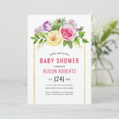 Invitation Aquarelle rose rose floral fille baby shower (Debout devant)