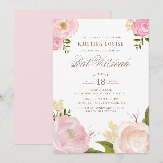 Invitation Aquarelle rose rose pâle Bat mitzvah floral (Devant / Derrière)