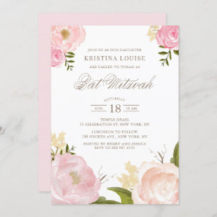 Invitation Aquarelle rose rose pâle Bat mitzvah floral