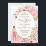Invitation Aquarelle rose rose pâle Floral Doux 16 Anniversai<br><div class="desc">Fleurs d'aquarelle rose vif,  et une fille dans une belle robe assortie. Consultez la boutique pour cette invitation avec des filles dans différentes couleurs de cheveux et de teintes de peau et plus de variations.</div>