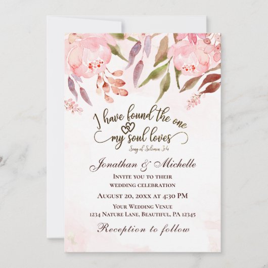 Invitation Aquarelle rose rose pâle Mariage chrétien (Devant)