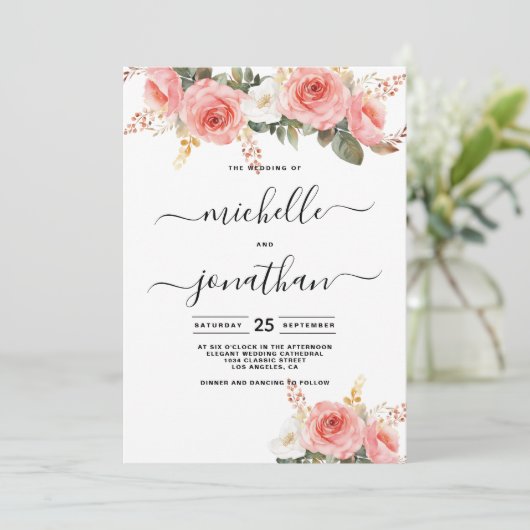 Invitation Aquarelle rose rose pâle menthe mariage (Debout devant)