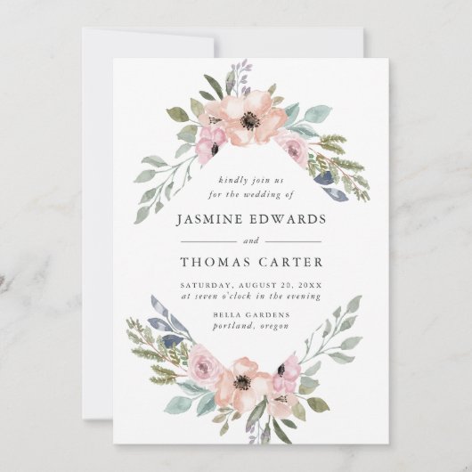 Invitation Aquarelle rose Rose poussiéreuse Cadre floral | MA (Devant)