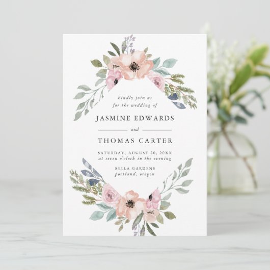 Invitation Aquarelle rose Rose poussiéreuse Cadre floral | MA (Debout devant)